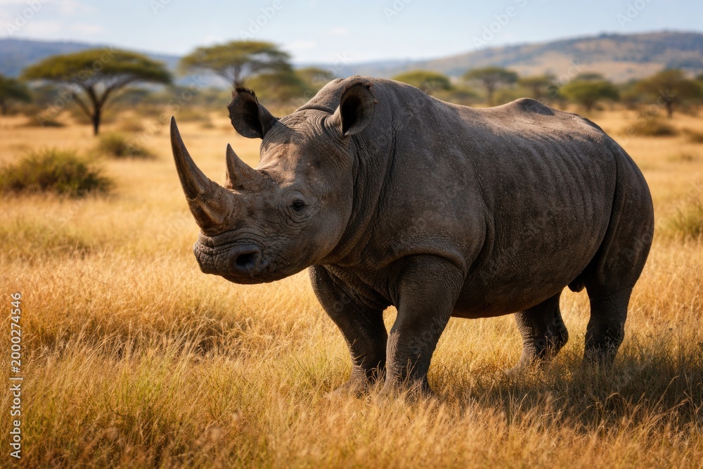 Fototapeta premium Black rhino standing peacefully on a sunny natural plain