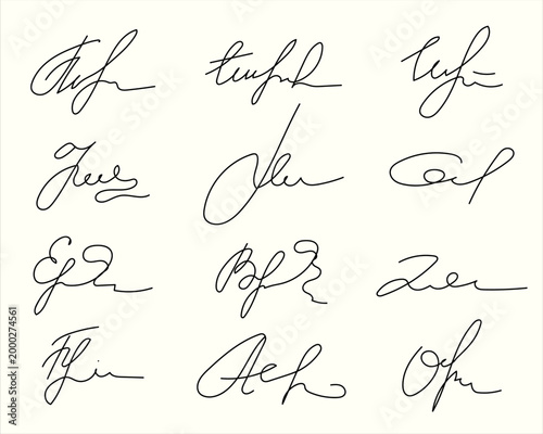 Doodle fake signature. Set of 12 isolated handwritten calligraphy elements on a white background. Convenient clip art for your design, video game, video, or educational material. Scalable. Vector illu