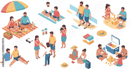 Isometric summer beach leisure scenes with family and friends relaxing, picnic, sandcastle building, sunbathing and vacation activities in colorful vector illustration