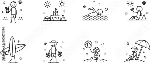 Minimal line summer beach icons set with surfing, swimming, sunbathing, sandcastle and seaside activities in simple black outline vector illustration