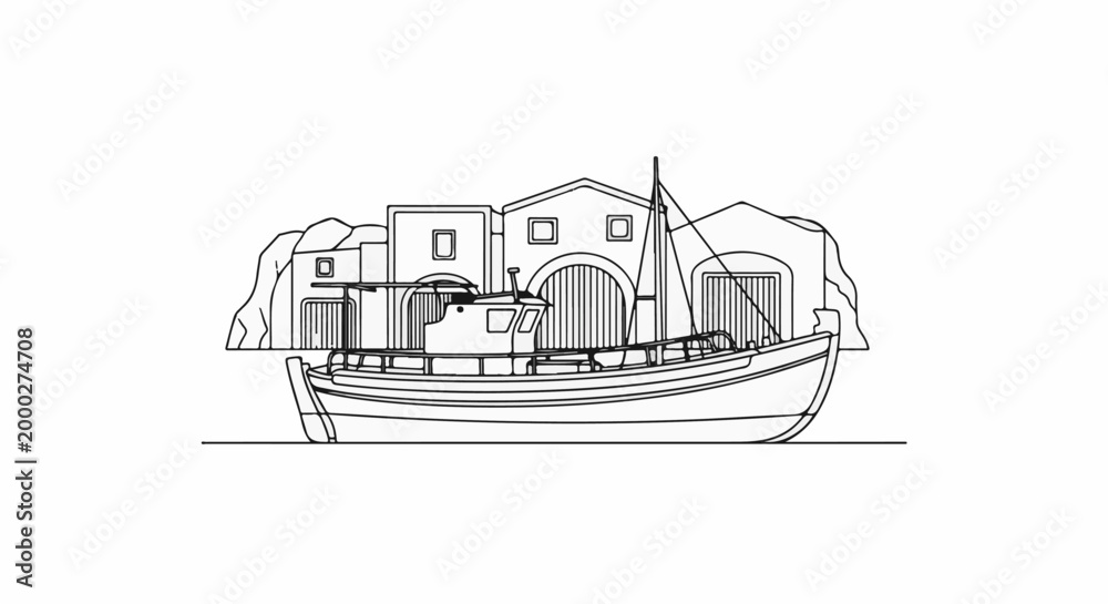 Fototapeta premium A line drawing of a fishing boat docked near whitewashed buildings in a seaside village