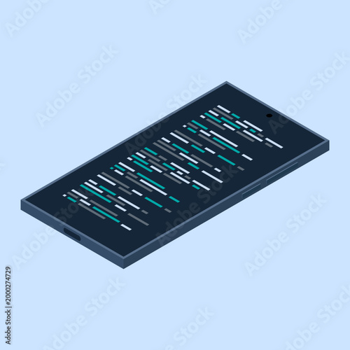 Isometric smartphone. Program code on smartphone screen. Isometric technology. Vector illustration