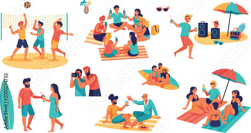 Flat summer beach party and leisure activities set with friends dancing, volleyball, picnic, photography and relaxing under umbrella in colorful vector illustration