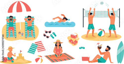 Flat summer beach activities set with sunbathing, swimming, volleyball, sandcastle building and relaxing people enjoying tropical seaside vacation illustratio