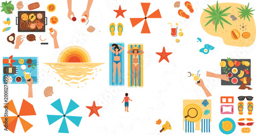 Top view summer beach elements and activities set with barbecue, sunbathing, tropical island, drinks, umbrellas and seaside accessories in flat vector illustration
