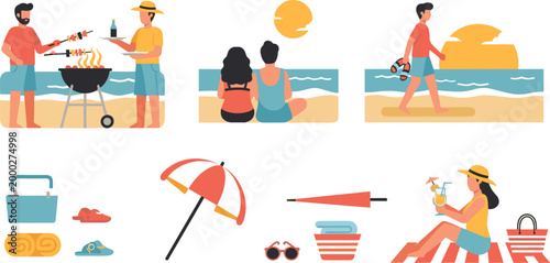Flat summer beach icons and scenes set with barbecue, couple watching sunset, walking woman and seaside accessories in colorful vector illustration