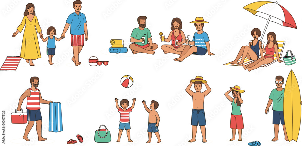 Fototapeta premium Summer beach family characters set with parents and kids walking, playing, relaxing, carrying surfboard and enjoying seaside vacation in flat vector illustration