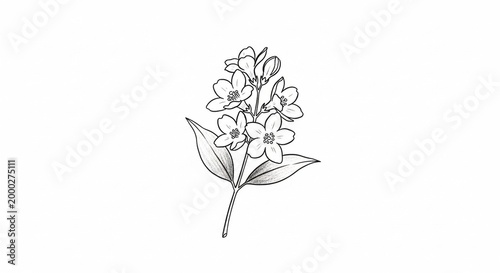Delicate Pencil Sketch of Blooming Flowers on White Background.