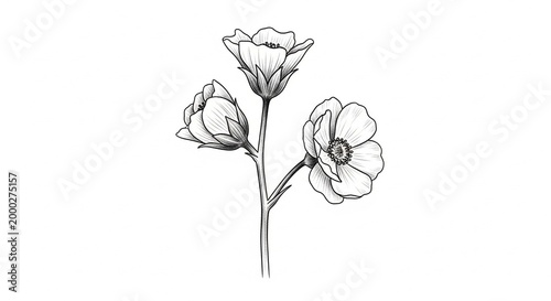 Delicate Pencil Sketch of Blooming Flowers on White Background.
