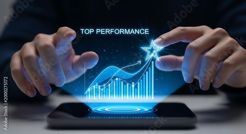 Hands interacting with a futuristic holographic display showing a rising stock market graph and the words 