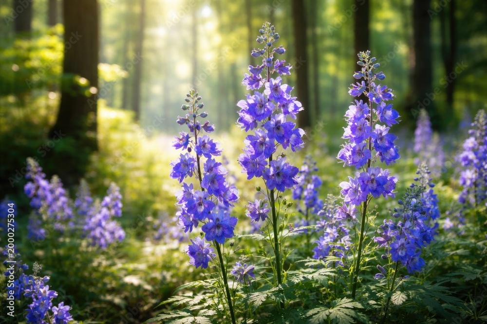 Obraz premium Newly blossomed larkspur thriving in a bright forest setting