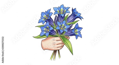 Delicate Hand Holding a Bouquet of Beautiful Blue Flowers on White Background.