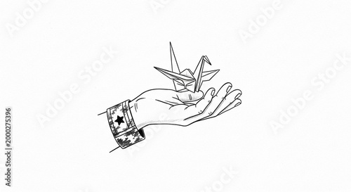 Delicate Hand Holding Origami Crane, Symbolizing Hope and Peace on White Background.
