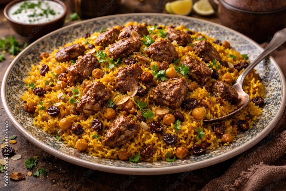 Fototapeta premium Hearty lamb pilaf with turmeric rice, raisins, and chickpeas on patterned serving dish