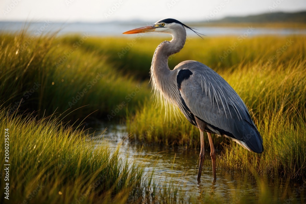 Fototapeta premium Elegant heron in full profile amidst lush salt marsh grasses on a sunny day
