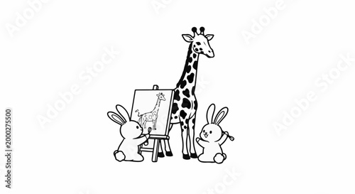 Two bunnies paint a giraffe portrait while the giraffe looks on
