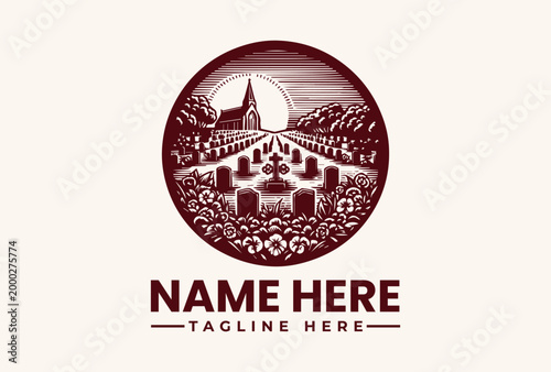 Vineyard wine logo with church and grapes.