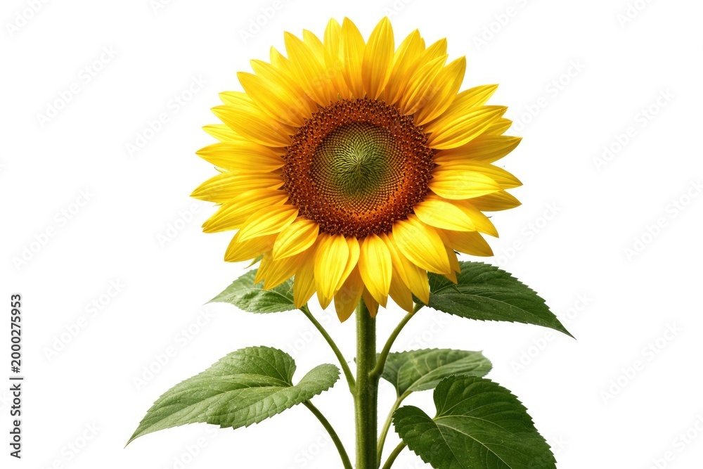 Fototapeta premium Fresh sunflower blossom isolated with stark white backdrop