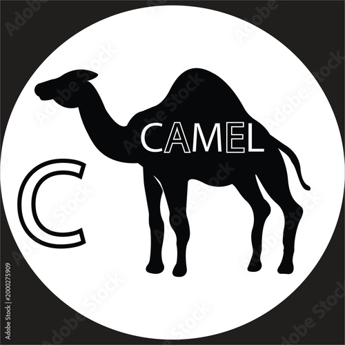 logo design featuring a black camel silhouette on a white circular background