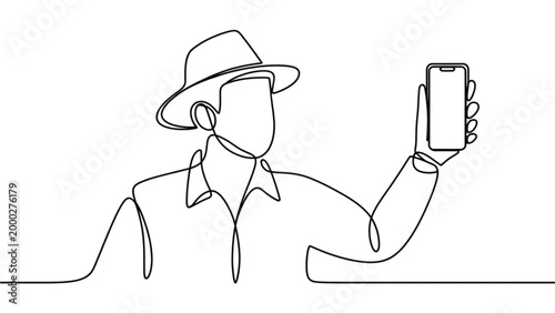 Person wearing hat taking selfie with smartphone Vector