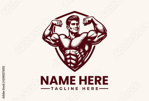 Muscular man flexing arms in shield logo.