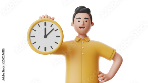 Smiling man checking analog clock on yellow shirt Vector