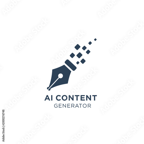Modern ai content generator emblem featuring pen nib disintegrating into pixels.