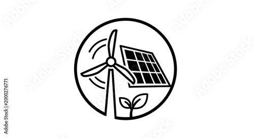 Clean energy sources icon wind turbine and solar panel illustration