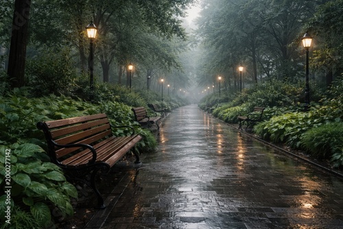 Damp urban park walkway with seated wooden benches and abundant green plants under misty skies