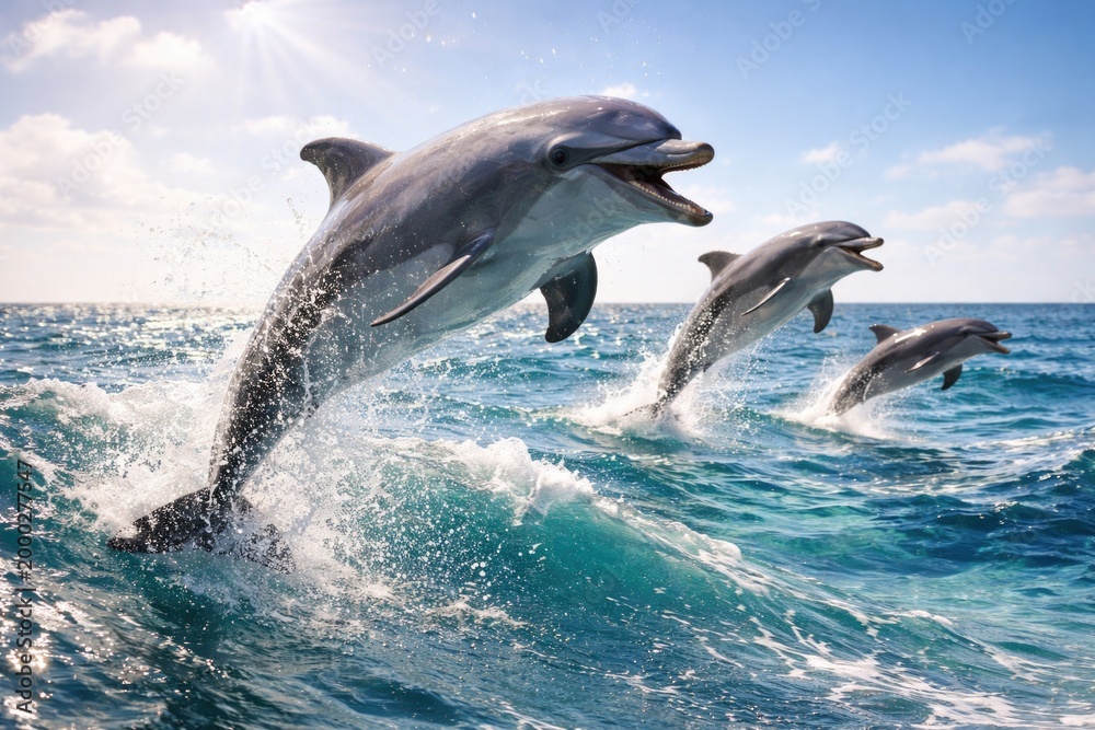Fototapeta premium Happy ocean dolphins soaring through salty air in sunlight