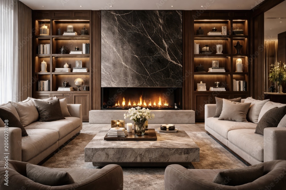 Fototapeta premium Luxury residence interior with a modern fireplace surrounded by built in bookcases