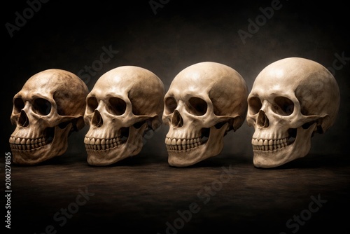 Human species skull transformation depicted in four progressive anatomical stages