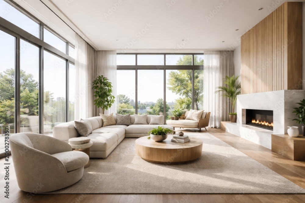 Fototapeta premium Open and bright room highlighting big windows and stylish modern decor