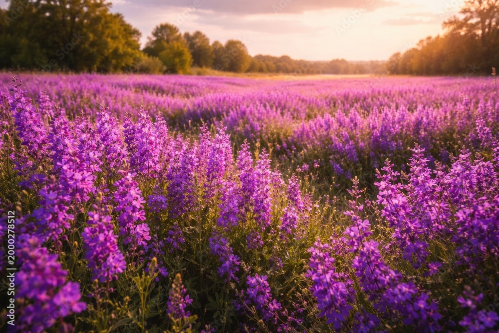 Fototapeta premium Lush purple blossoms spreading across a summer field