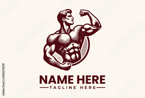 Muscular man flexing bicep illustration template.