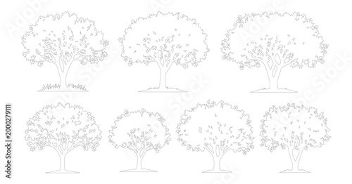 Minimalist tree line art collection, set of 7 deciduous tree vector icons, black and white outline botanical illustrations for landscape design