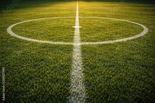 Detailed grass texture on soccer midfield illuminated by gentle evening glow