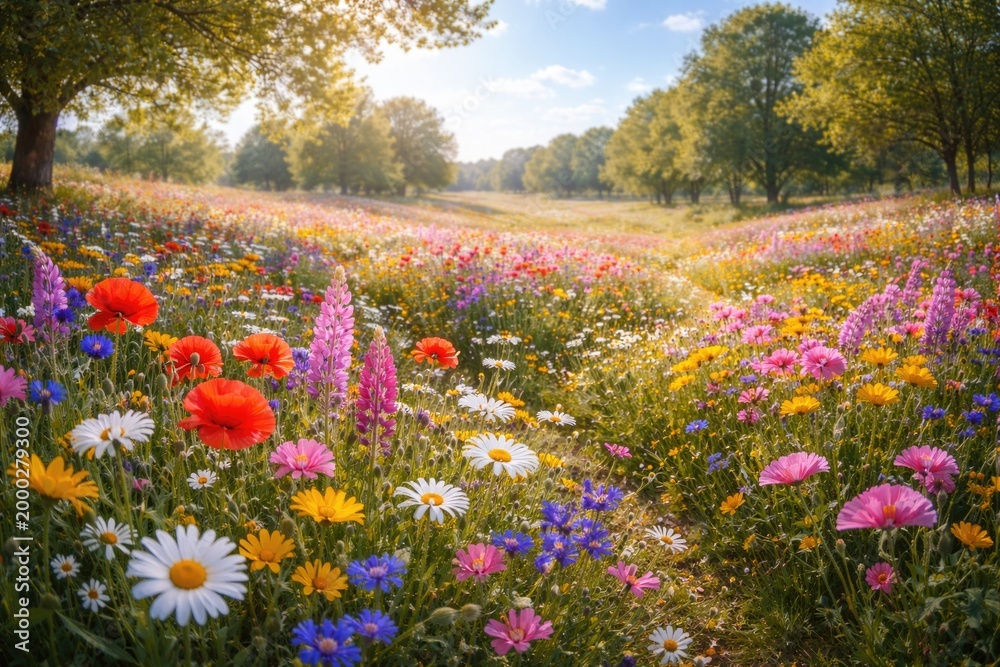 Fototapeta premium Bright spring flowers flourishing across a peaceful country meadow