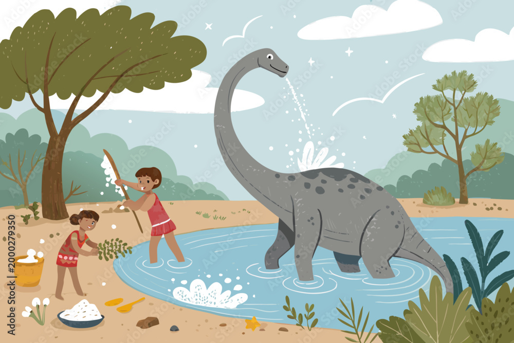 Naklejka premium Dinosaur Bath Scene With Children Using Giant Leaf