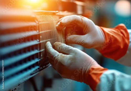 A factory worker's gloved hands carefully install a heatsink component onto a machine's cooling system during the manufacturing process