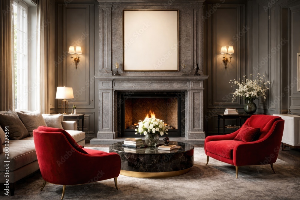 Fototapeta premium Elegant living area highlighting a large gray fireplace and bright red chairs suitable for art mock up