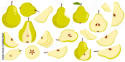 Ripe juicy pear fruit set illustration hand drawn with slices and whole fruits