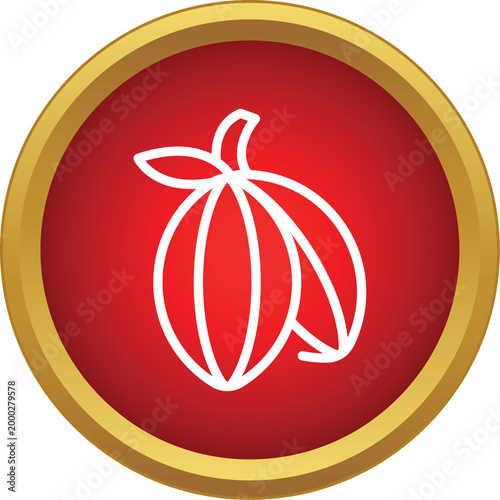 Cocoa bean fruit outline on a red circular background with gold trim