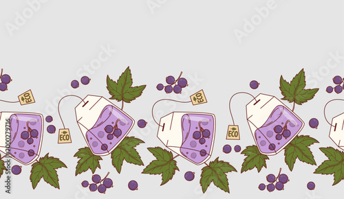 Blackcurrant Eco Tea Bag Seamless Border. Gourmet Herbal Berry Drink Brew on Light Grey Background. Horizontal Botanical Tape. Website Footer and Header Design with Copy Space. Vector Illustration.