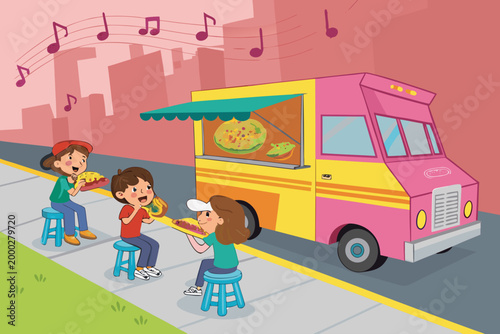 Food Truck Scene With Children Ordering Tacos From