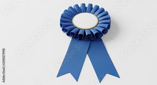 Blue rosette award ribbon with empty circle for text or logo isolated