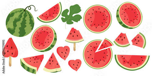 Collection of watermelon slices and whole fruits in various shapes on white background