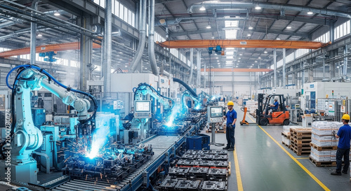 Inside a factory, robotic arms perform automated welding on a production line as workers monitor the manufacturing process using modern technology