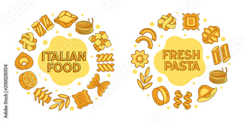 Italian pasta round colored compositions with text, food circle designs, spaghetti