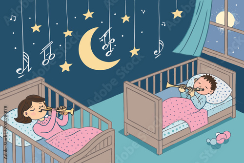 Lullaby Scene With Children Playing Soft Flutes an